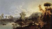 River Landscape with Figures and Cattle Manuel Barron Y Carrillo